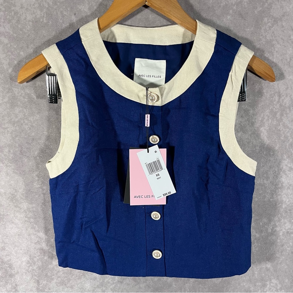 NEW Avec Les Filles Vest Women XS Blue White Trim Cropped Textured Linen Blend
